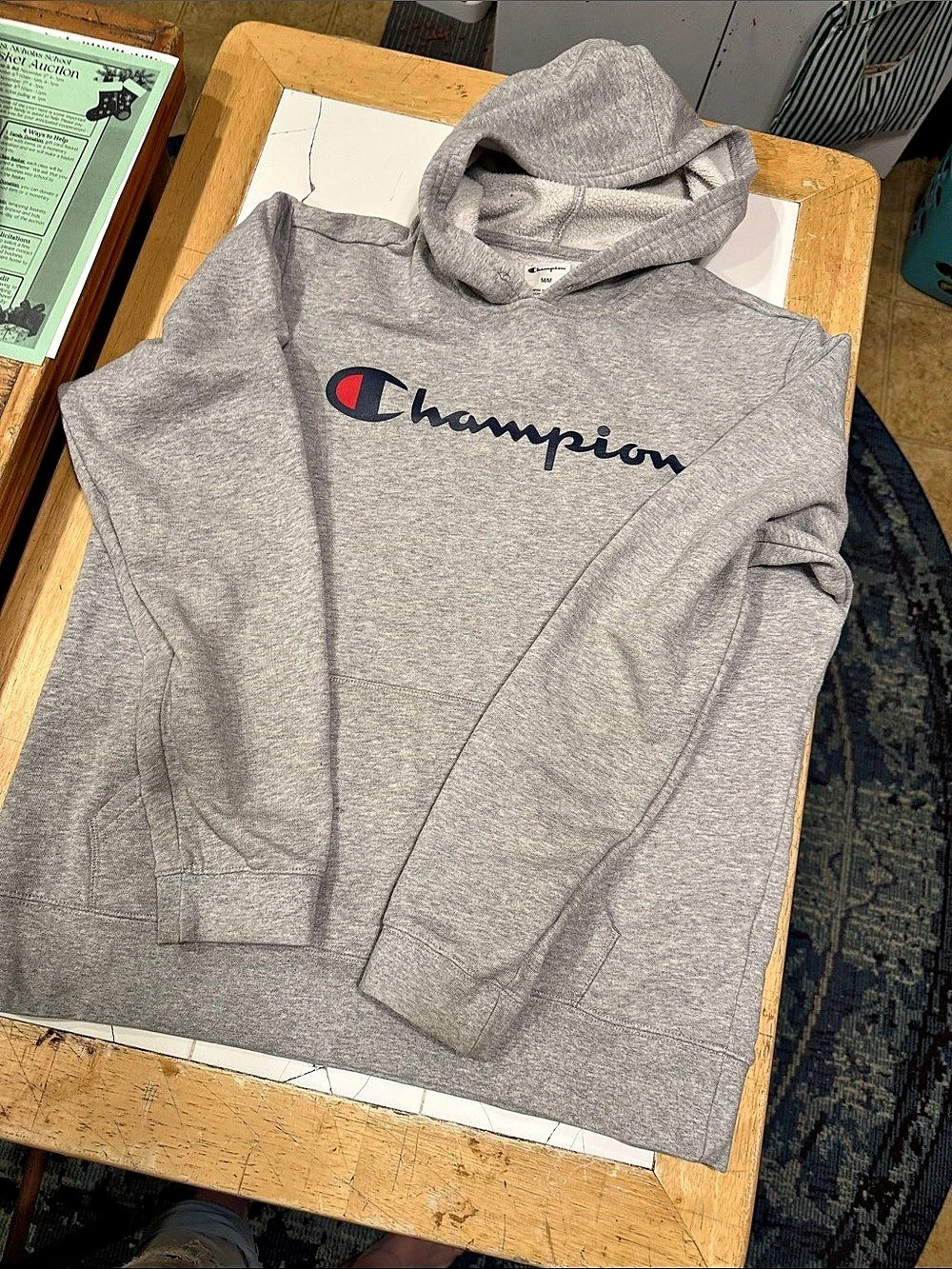 Champion Powerblend Script Logo Pullover Hoodie Gray Medium